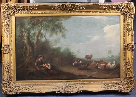 Follower of Nicolaes Berchem (1620-1683) Lovers in a pastoral landscape, 20 x 33in.